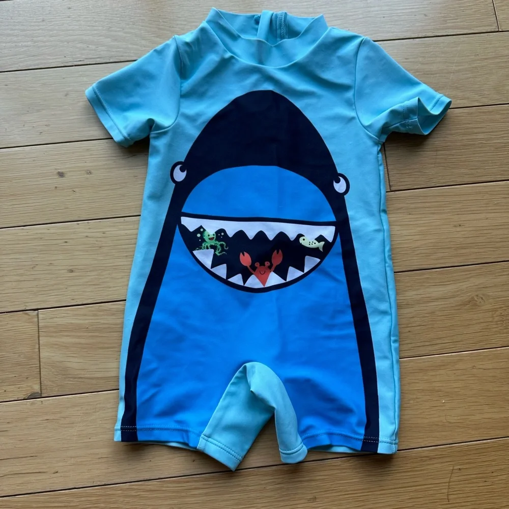 12-18 M Blue Shark Graphic Kids Swim Romper